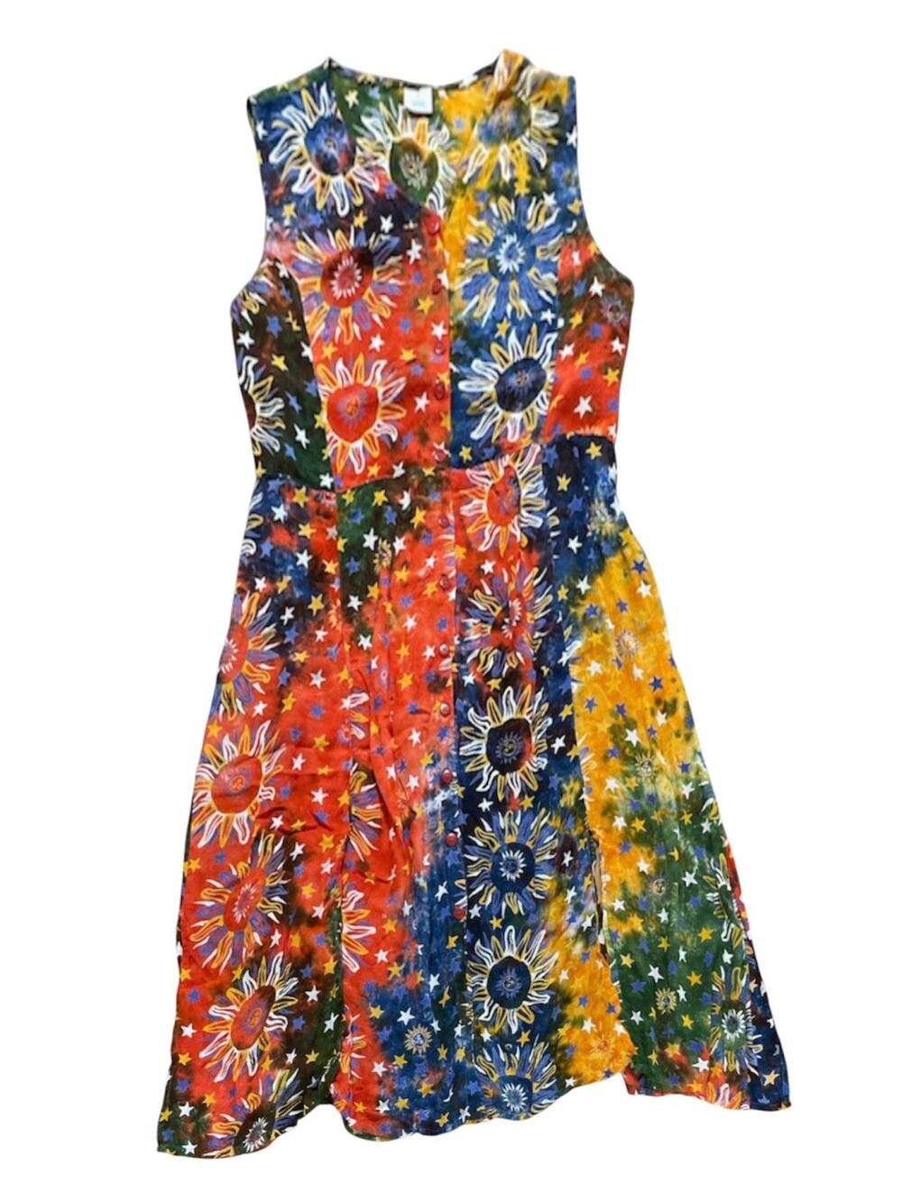 Vintage 90s Karishma Celestial Tie Dye Patchwork Sun Moon Stars Dress Free Size